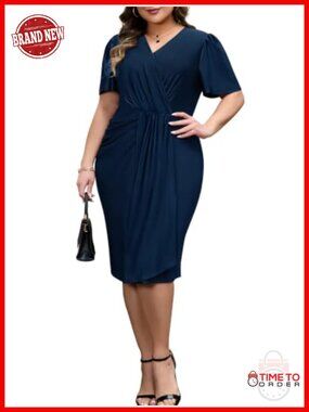 Plus Size Ruched Wrap Midi Dress Short Sleeve Cocktail